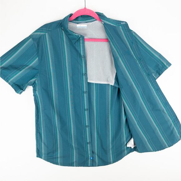 Columbia Fishing Shirt Men's Medium Vented Nylon Short Sleeve Green Striped Logo - Picture 6 of 11